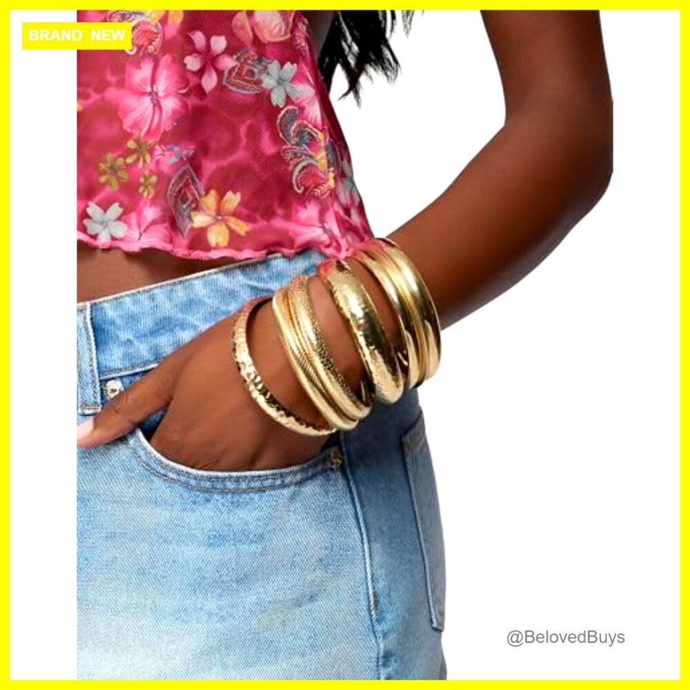 7Pcs 14K Gold Plated Stackable Bangle Bracelets Set, Boho Chunky Textured - Picture 6 of 7